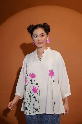 White Cotton Pink Floral Brush Printed Shirt Top