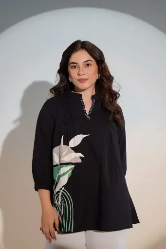 Black Cotton Baby Plant Brush Printed Shirt Top
