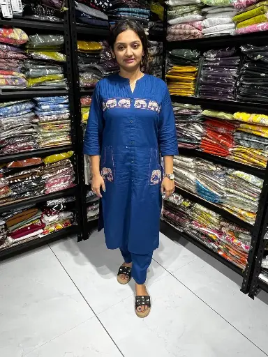 Rama Blue Cotton Elephant Embroidered 2 Piece Pair