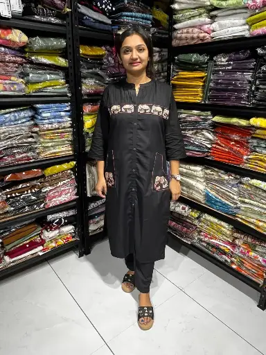 Charcoal Black Cotton Elephant Embroidered 2 Piece Pair