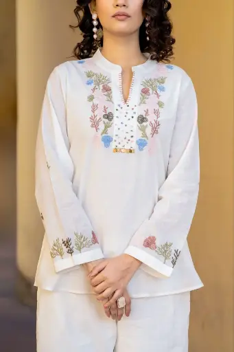 White Cotton Colorful Embroidered Cord Set