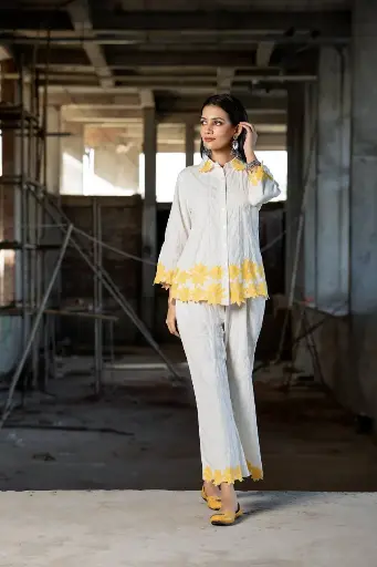 White Embroidered Cord Set With Yellow Accents
