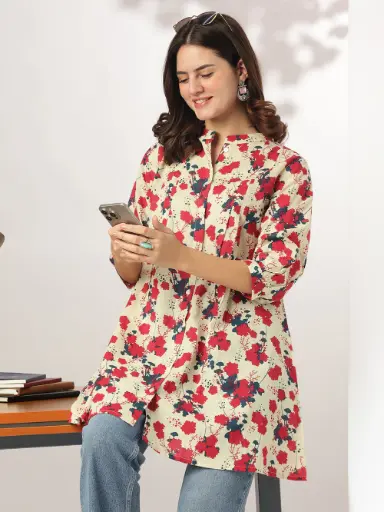 Cream Pure Cotton Red Floral Printed A-line Tunic