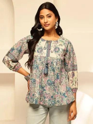 Off White Floral Printed Cotton A-Line Tunic