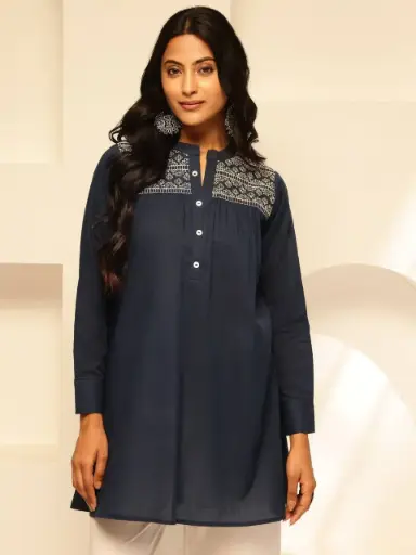 Deep Blue Geometric Yoke Cotton Tunic
