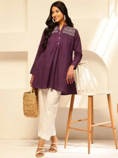 Lavender Charm Yoke Embroidered Tunic