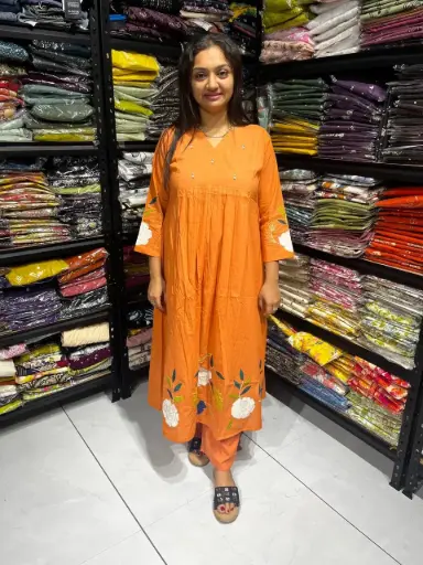 Mandarin Muse Yoke Handwork Cotton Kurta Set