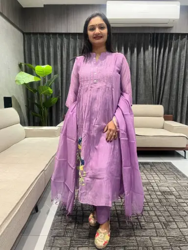 Lilac Bloom Embroidered Cotton Ensemble 3 Piece Set