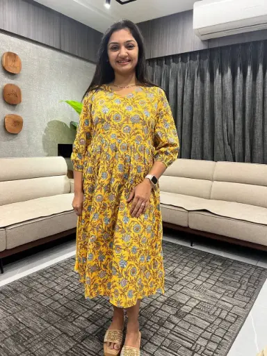 Yellow Pure Cotton Floral Printed A-line Dress