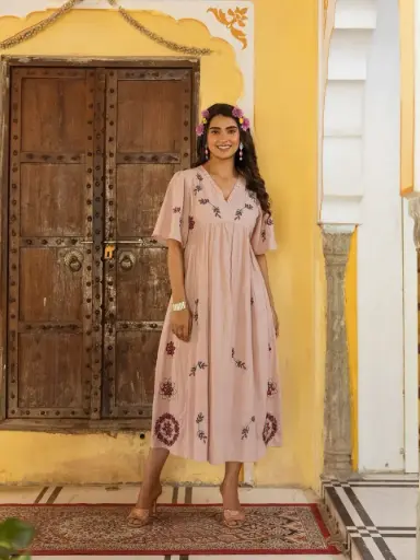 Bell Blue Peach Embroidery Cotton Dress
