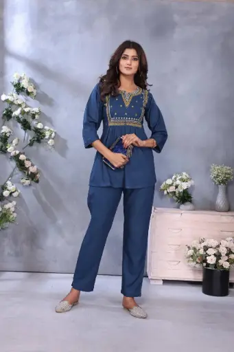 Avni Indigo Charm Cotton Embroidered Coord Set