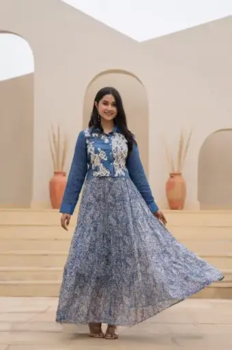 Kavya Ocean Bloom Embroidered Long Dress