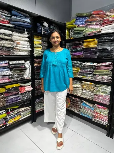 Aqua Pearl Cotton Yoke Work Tunic