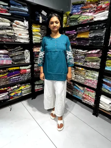Teal Blossom Embroidered mul cotton Tunic