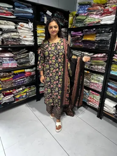 Noir Blossom Printed Cotton 3 pieces Suit Set