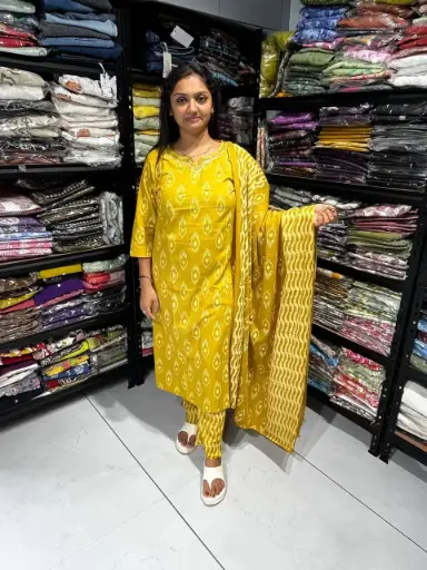 Mustard Ikat Grace Cotton 3 Pieces Suit Set
