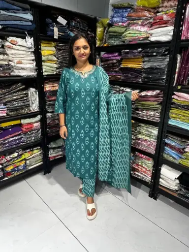 Teal Ikat Grace Cotton 3 Pieces Suit Set