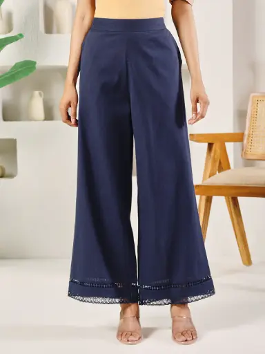 Navy Blue Cotton Solid Palazzo