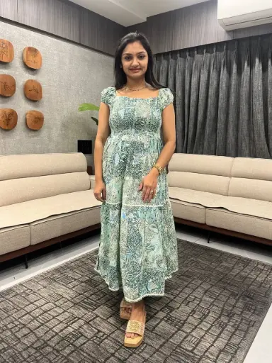 Light Green Leaf Print Cotton Midi Dress