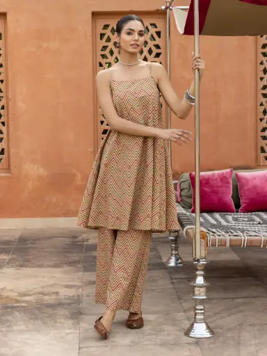Beige Printed Cotton A-Line Kurta Set