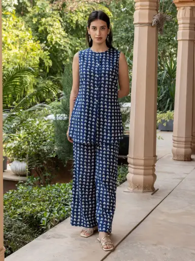 Navy Blue Cotton Printed Co-ord Set