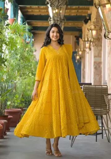 Haldi Hues Cotton Yoke Embroidered Dupatta Set
