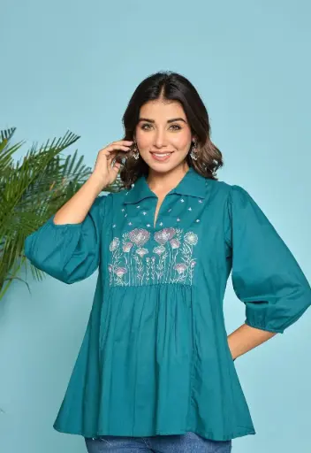 Teal Bloom Embroidered Cotton Tunic