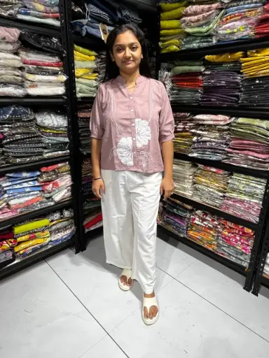 [601L] Floral Aura in Pink Linen-Cotton Top
