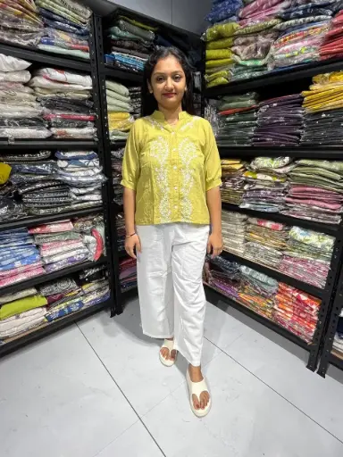 [609L] Mustard Leaf Embroidery Top