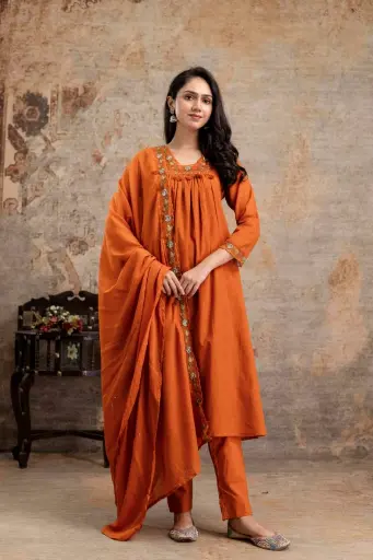 Orange Cotton Silly Kurti Bottom With Dupatta Set